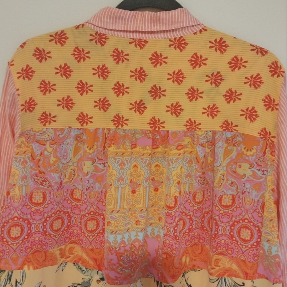 Soft Surroundings Pink and Yellow Patchwork Eden Island Linen Top - Picture 7 of 12